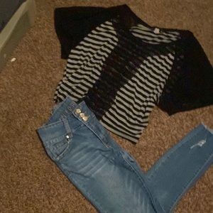 BKE grey and black stripe  crop top paired with but lifting high waisted jeans